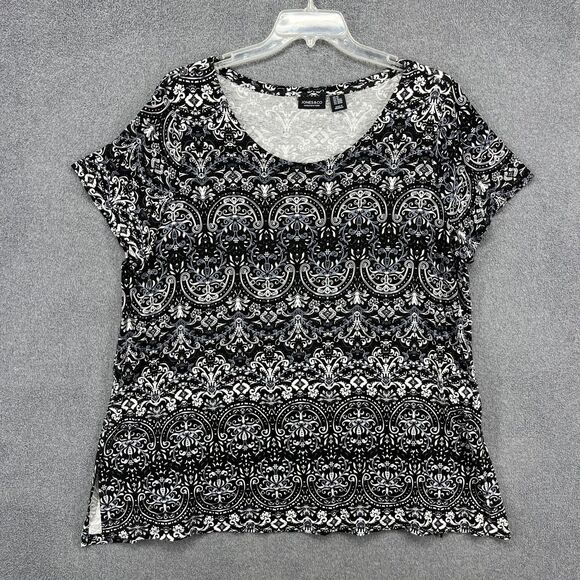 Jones New York Shirt Womens 2X Black Damask Scoop Neck Short Sleeve Plus Size - Picture 1 of 15